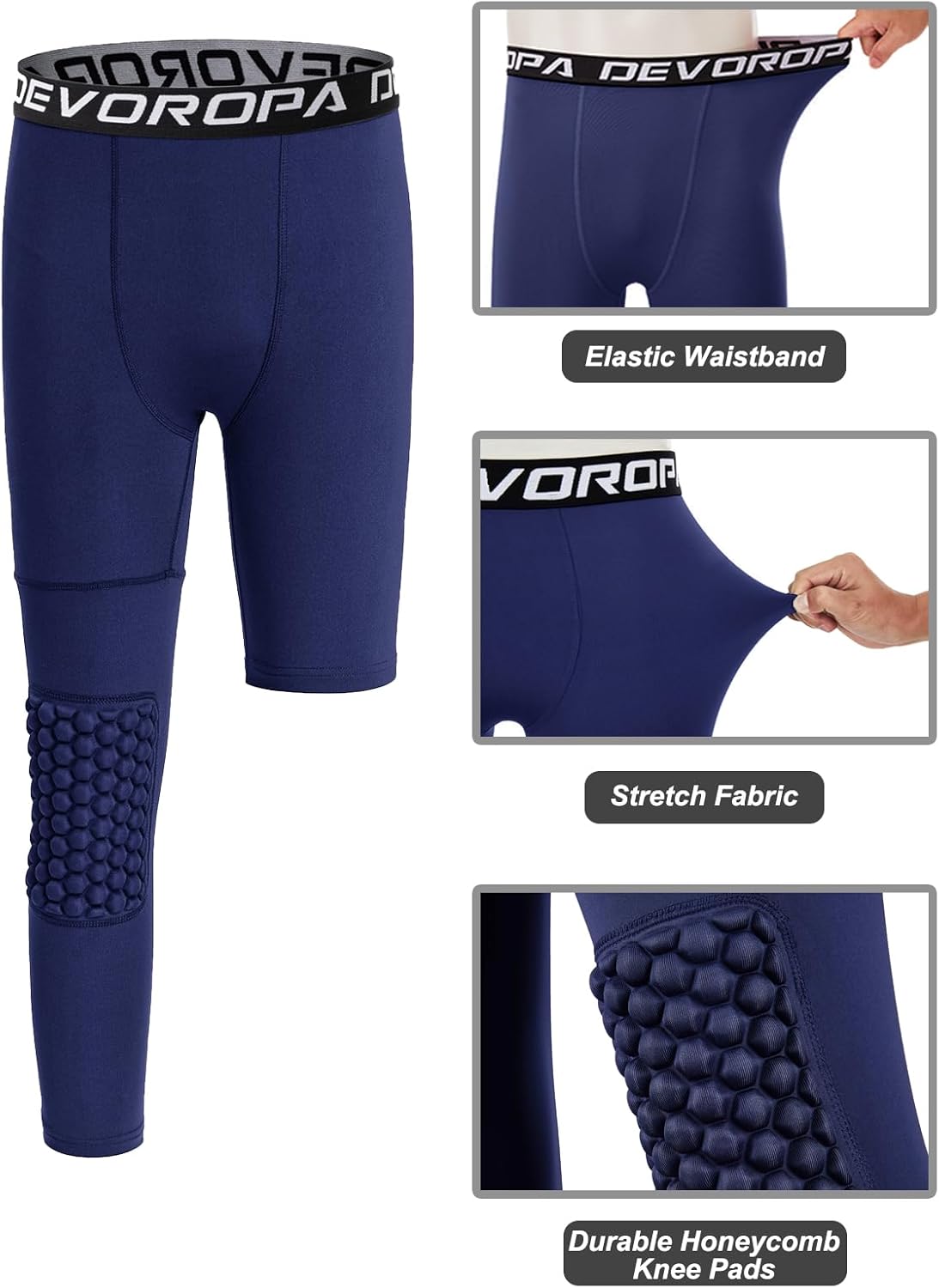 DEVOROPA Youth Boys Compression Pants with Knee Pads 34 Basketball Athletic Tights Quick Dry Sports Workout LeggingsNavyright Long