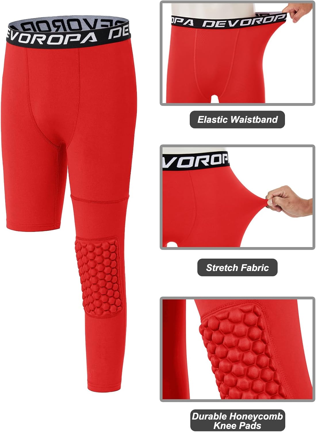 DEVOROPA Youth Boys Compression Pants with Knee Pads 34 Basketball Athletic Tights Quick Dry Sports Workout LeggingsRedleft Long
