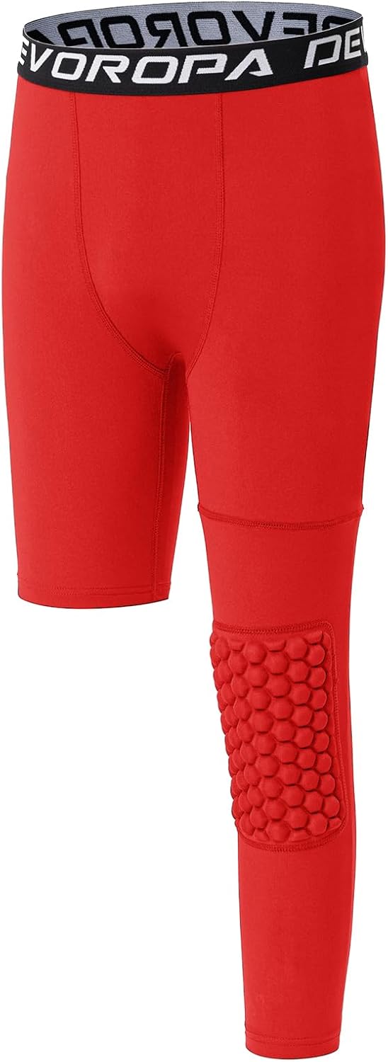 DEVOROPA Youth Boys Compression Pants with Knee Pads 34 Basketball Athletic Tights Quick Dry Sports Workout LeggingsRedleft Long