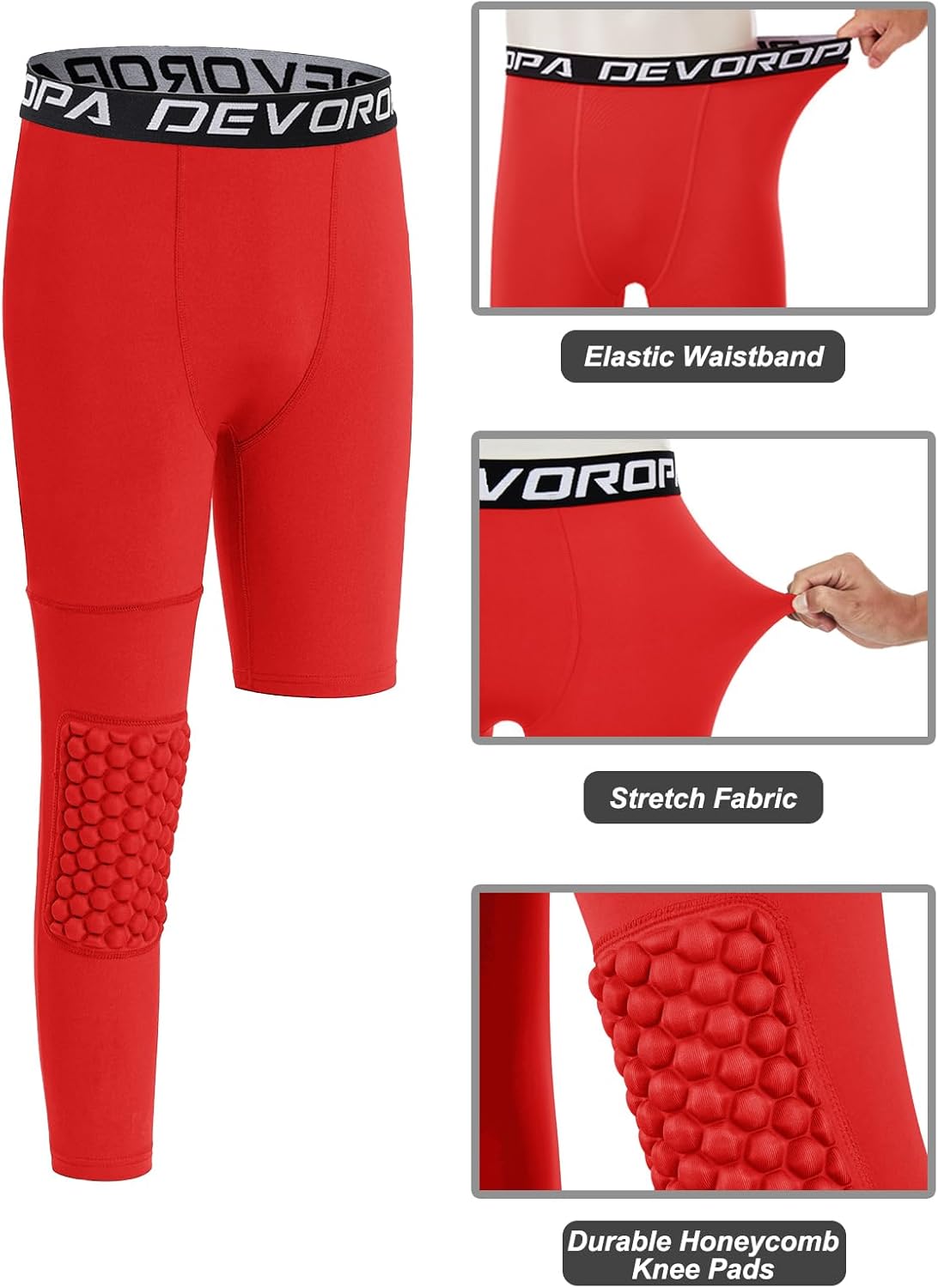 DEVOROPA Youth Boys Compression Pants with Knee Pads 34 Basketball Athletic Tights Quick Dry Sports Workout LeggingsRedright Long