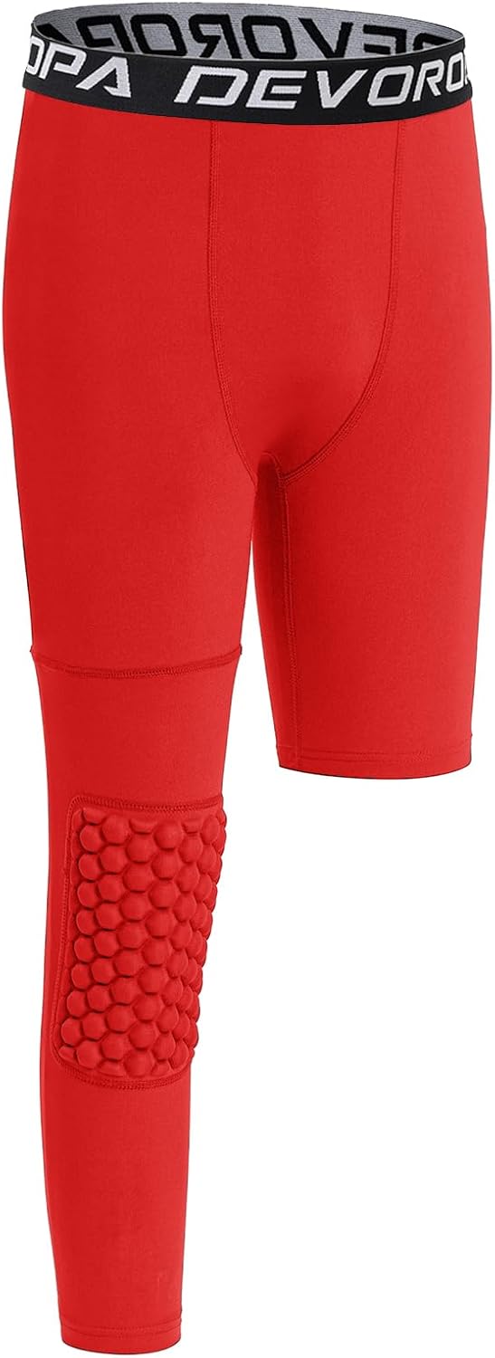 DEVOROPA Youth Boys Compression Pants with Knee Pads 34 Basketball Athletic Tights Quick Dry Sports Workout LeggingsRedright Long