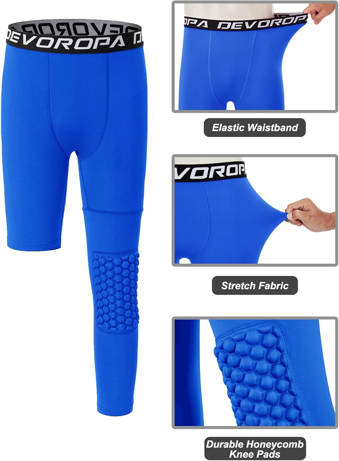 DEVOROPA Youth Boys Compression Pants with Knee Pads 34 Basketball Athletic Tights Quick Dry Sports Workout LeggingsRoyal Blueleft Long