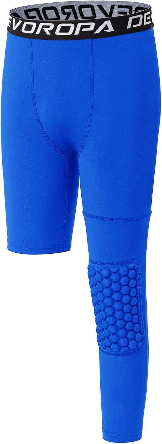DEVOROPA Youth Boys Compression Pants with Knee Pads 34 Basketball Athletic Tights Quick Dry Sports Workout LeggingsRoyal Blueleft Long