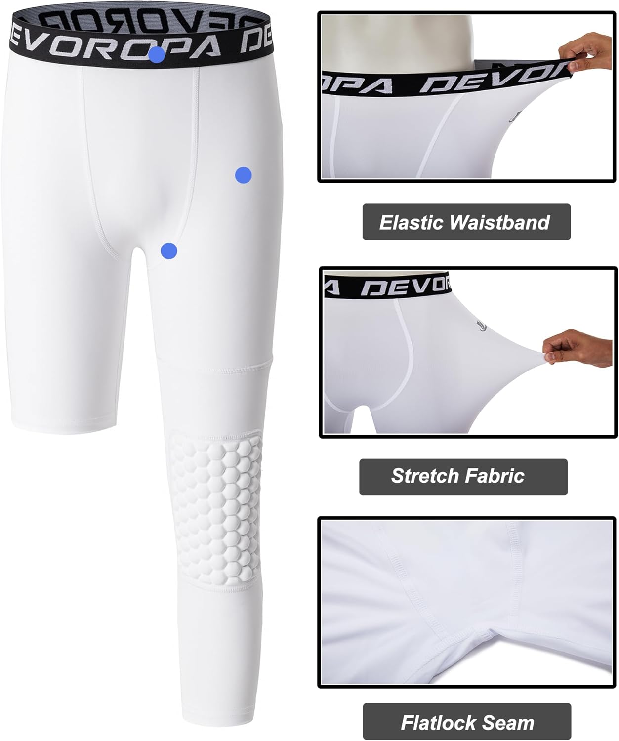 DEVOROPA Youth Boys Compression Pants with Knee Pads 34 Basketball Athletic Tights Quick Dry Sports Workout LeggingsWhiteleft Long