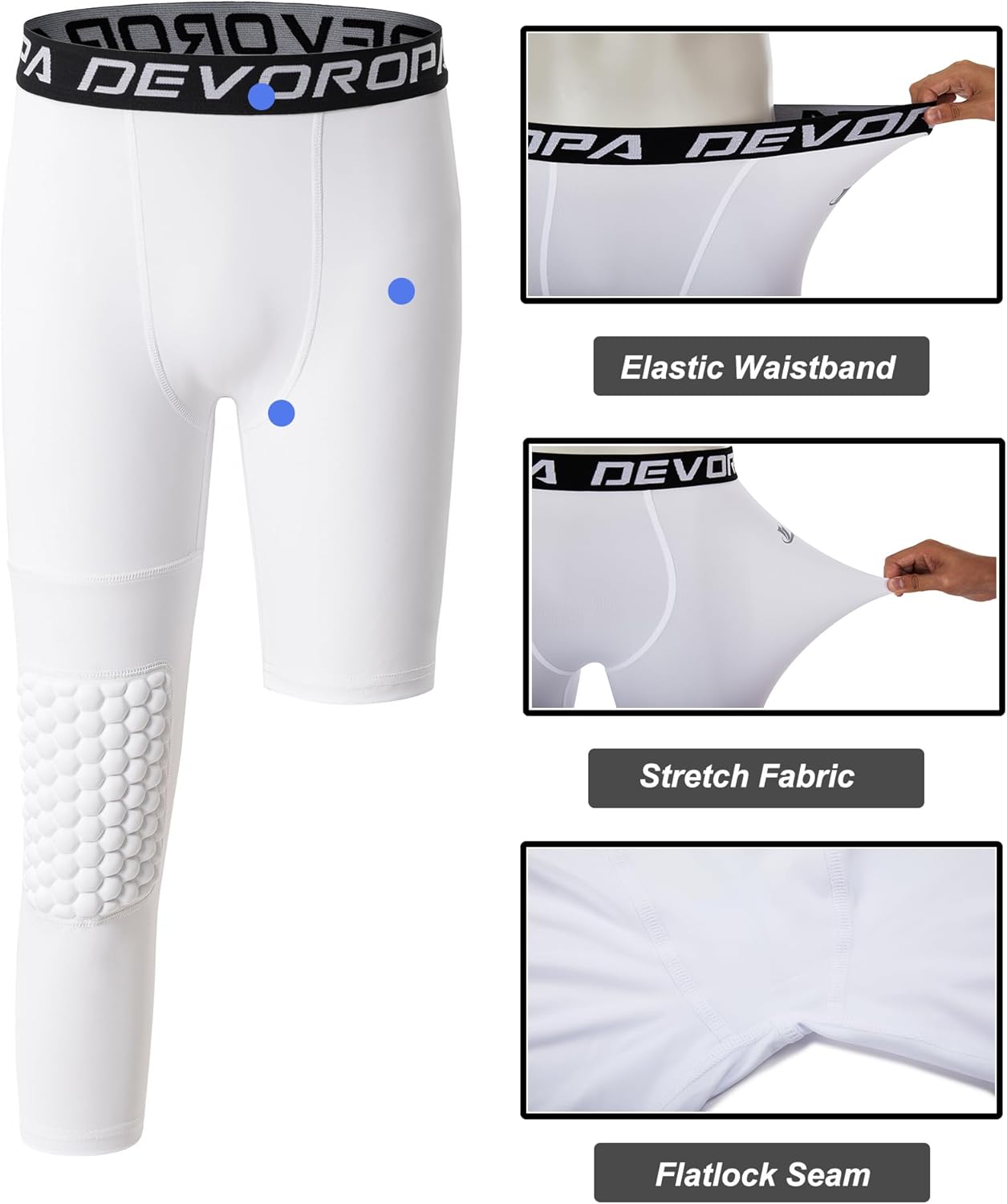 DEVOROPA Youth Boys Compression Pants with Knee Pads 34 Basketball Athletic Tights Quick Dry Sports Workout LeggingsWhiteright Long