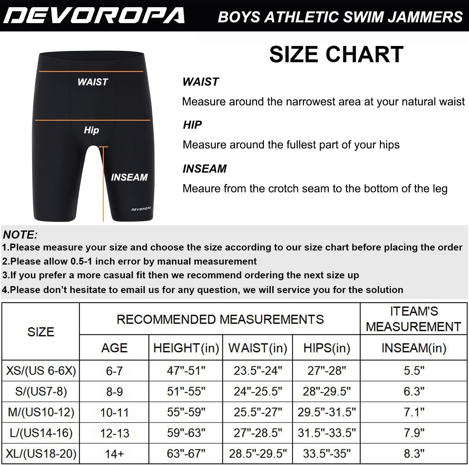 DEVOROPA Youth Boys Swim Shorts Square Leg Swimsuit Nylon Swimming Boxer Brief UPF 50BlackBlue