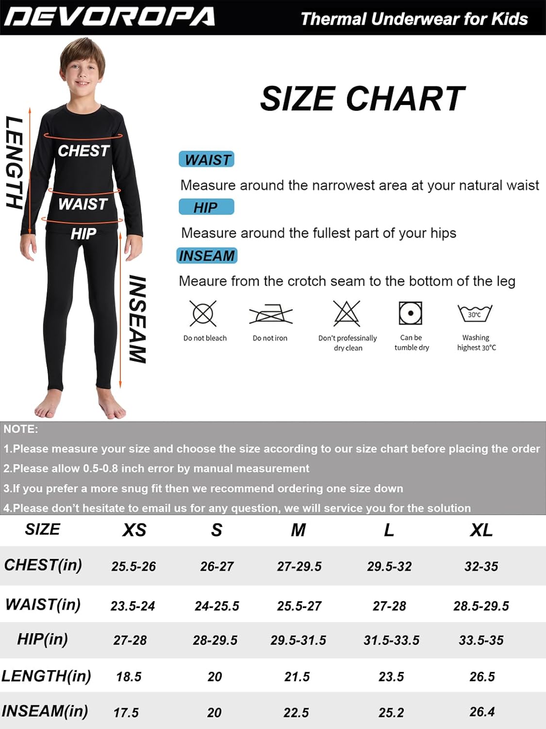 DEVOROPA Youth Boys Thermal Underwear set for Kids Fleece Lined Base Layer Stretch Long Johns for kids Winter Cold GearBlack