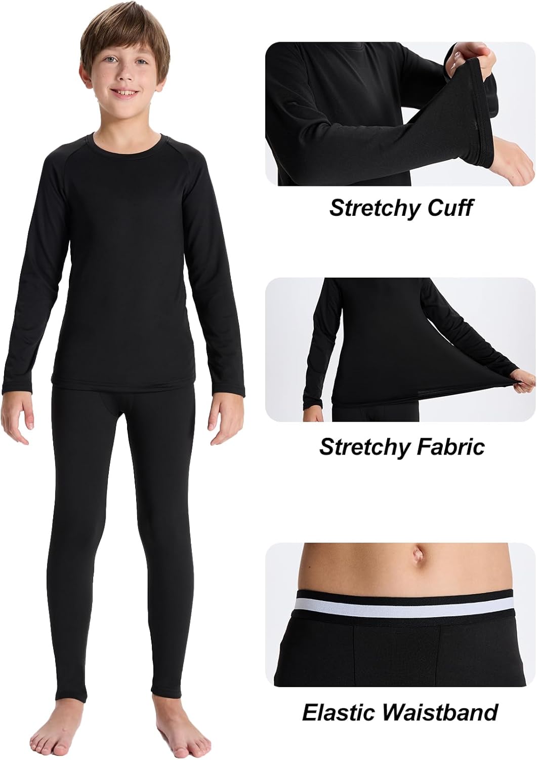 DEVOROPA Youth Boys Thermal Underwear set for Kids Fleece Lined Base Layer Stretch Long Johns for kids Winter Cold GearBlack