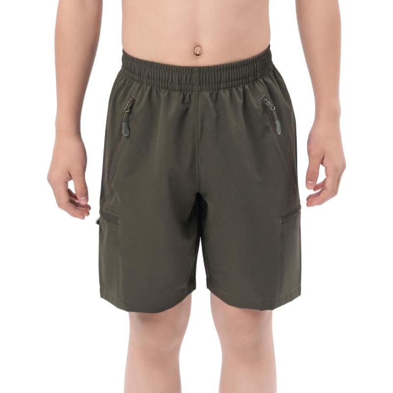 DEVOROPA Boys Athletic Shorts Lightweight Quick Dry Hiking Cargo Shorts with Zipper Pockets for Outdoor RunningArmy Green