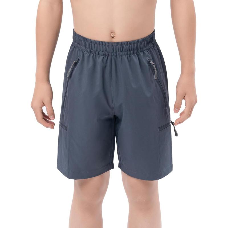 DEVOROPA Boys Athletic Shorts Lightweight Quick Dry Hiking Cargo Shorts with Zipper Pockets for Outdoor RunningCool Gray