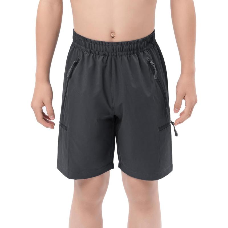 DEVOROPA Boys Athletic Shorts Lightweight Quick Dry Hiking Cargo Shorts with Zipper Pockets for Outdoor RunningDark Gray