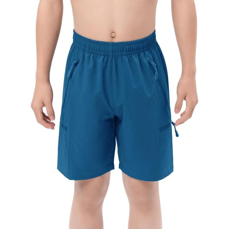 DEVOROPA Boys Athletic Shorts Lightweight Quick Dry Hiking Cargo Shorts with Zipper Pockets for Outdoor RunningGray Blue