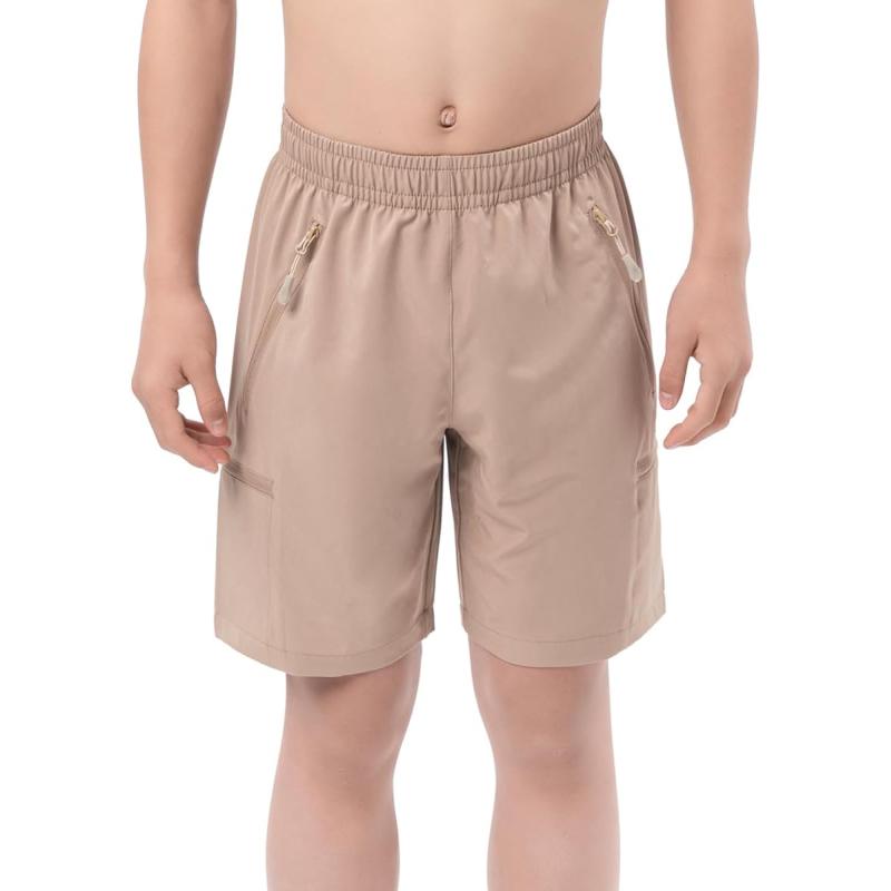DEVOROPA Boys Athletic Shorts Lightweight Quick Dry Hiking Cargo Shorts with Zipper Pockets for Outdoor RunningKhaki