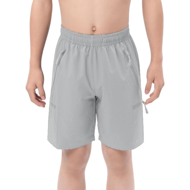 DEVOROPA Boys Athletic Shorts Lightweight Quick Dry Hiking Cargo Shorts with Zipper Pockets for Outdoor RunningLight Gray