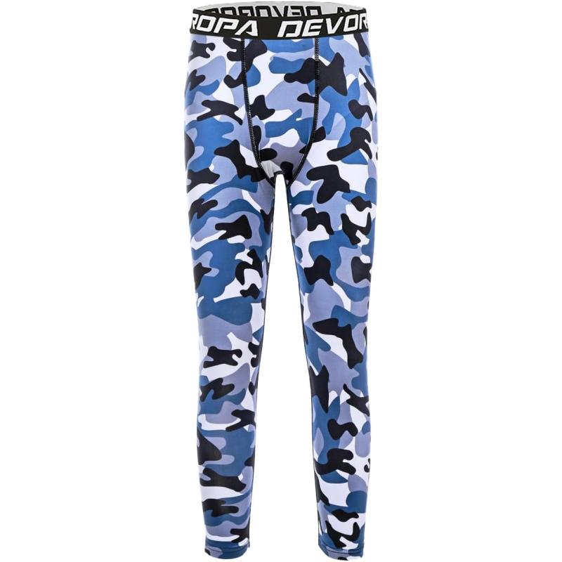 DEVOROPA Boys Leggings Quick Dry Youth Compression Pants Sports Tights Basketball Base Layer34 Camo Blue