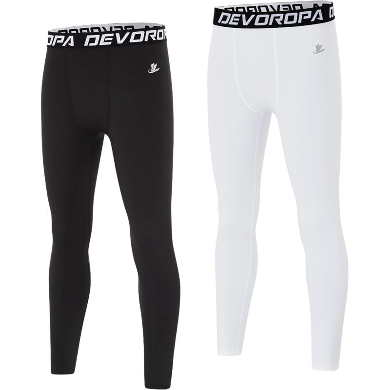 DEVOROPA Boys Leggings Quick Dry Youth Compression Pants Sports Tights Basketball Base LayerBlackWhite2pack