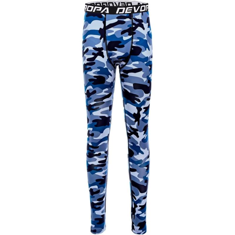 DEVOROPA Boys Leggings Quick Dry Youth Compression Pants Sports Tights Basketball Base LayerCamo Blue