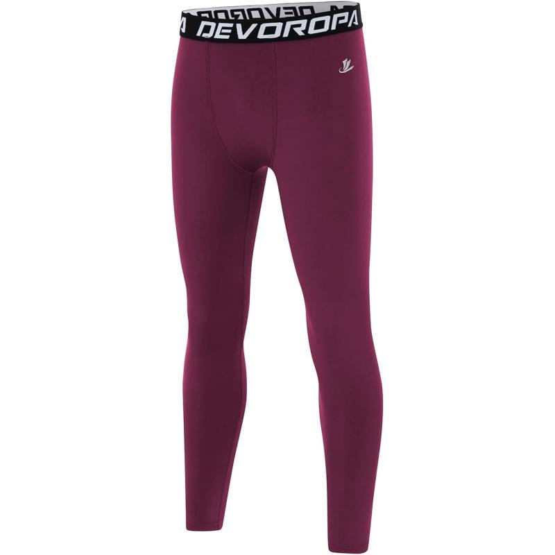 DEVOROPA Boys Leggings Quick Dry Youth Compression Pants Sports Tights Basketball Base LayerMaroon