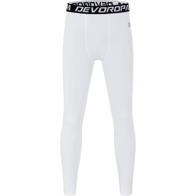 DEVOROPA Boys Leggings Quick Dry Youth Compression Pants Sports Tights Basketball Base LayerWhite