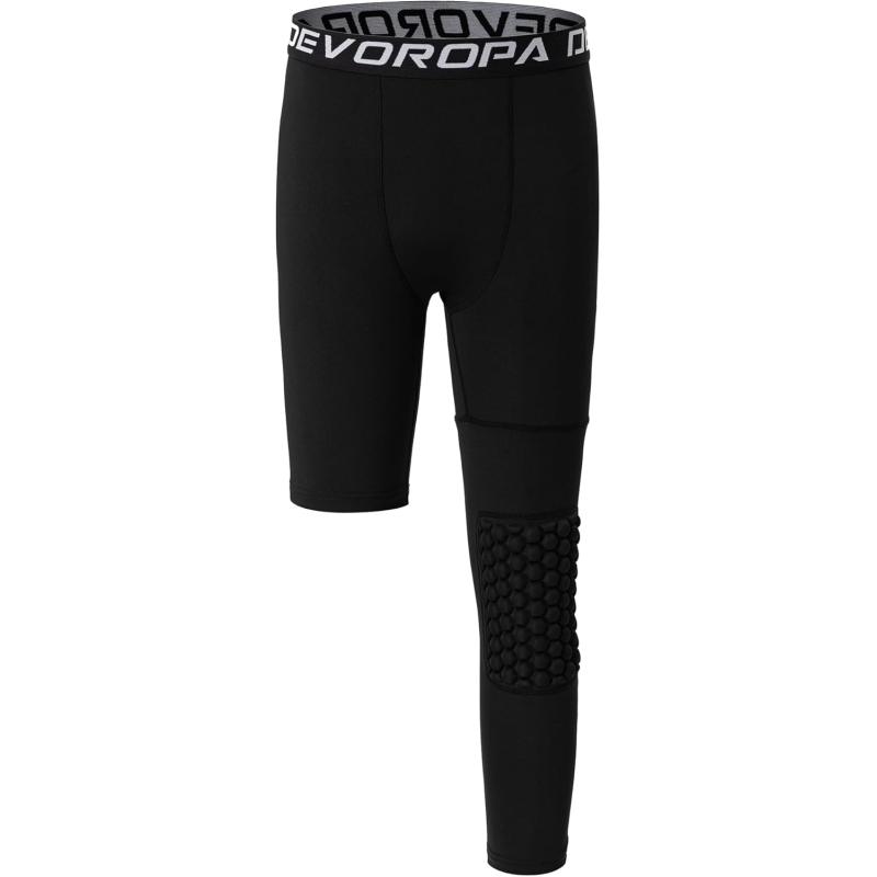 DEVOROPA Youth Boys Compression Pants with Knee Pads 34 Basketball Athletic Tights Quick Dry Sports Workout LeggingsBlackleft Long