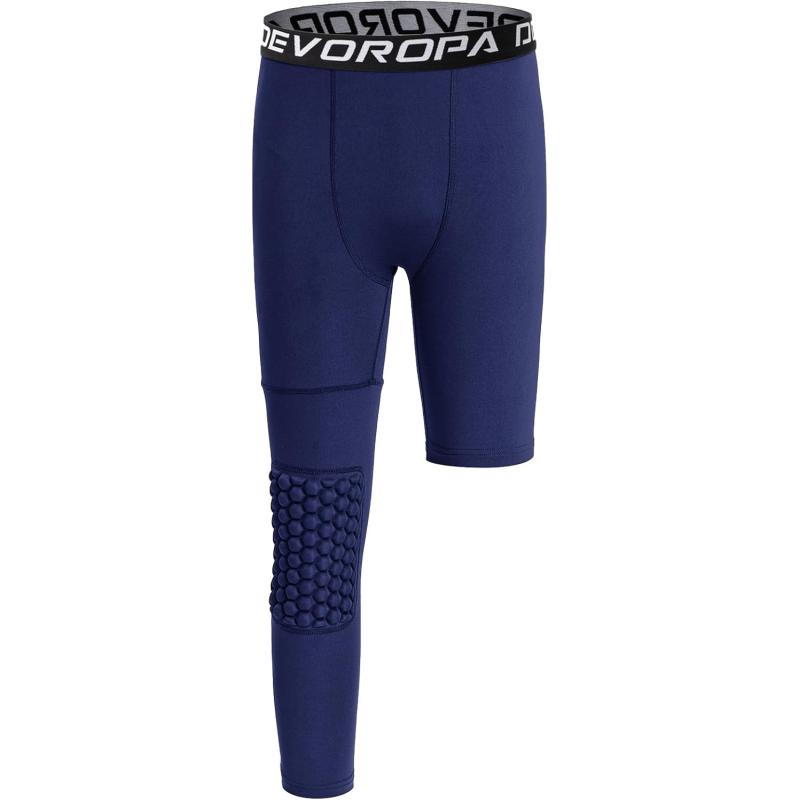 DEVOROPA Youth Boys Compression Pants with Knee Pads 34 Basketball Athletic Tights Quick Dry Sports Workout LeggingsNavyright Long