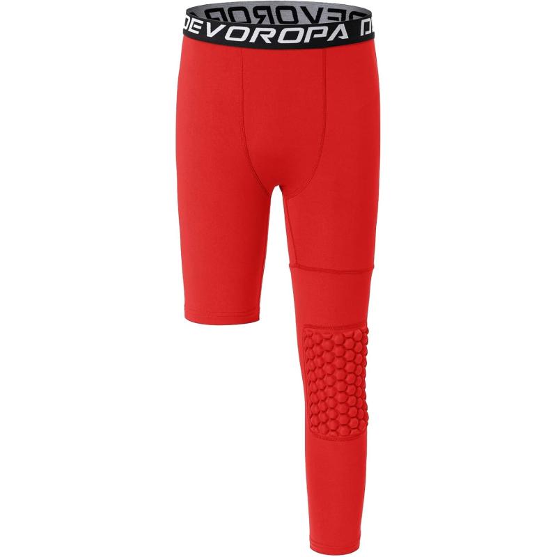 DEVOROPA Youth Boys Compression Pants with Knee Pads 34 Basketball Athletic Tights Quick Dry Sports Workout LeggingsRedleft Long