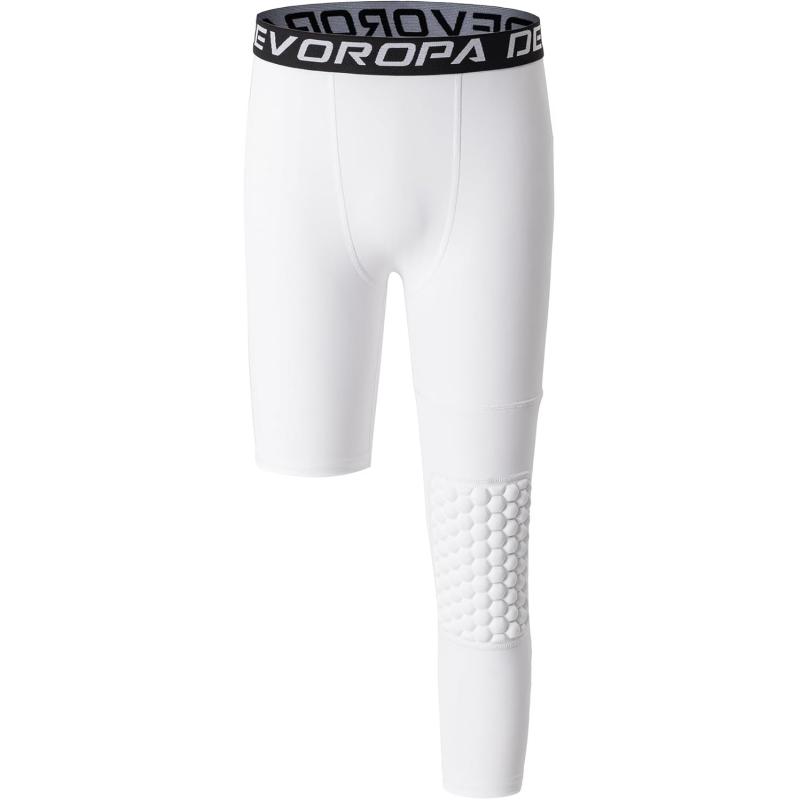 DEVOROPA Youth Boys Compression Pants with Knee Pads 34 Basketball Athletic Tights Quick Dry Sports Workout LeggingsWhiteleft Long