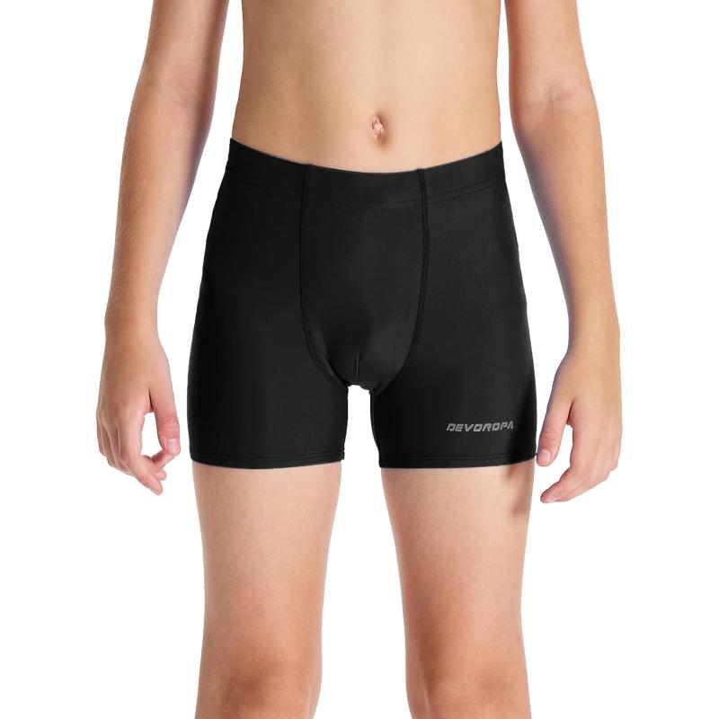 DEVOROPA Youth Boys Swim Shorts Square Leg Swimsuit Nylon Swimming Boxer Brief UPF 50Black