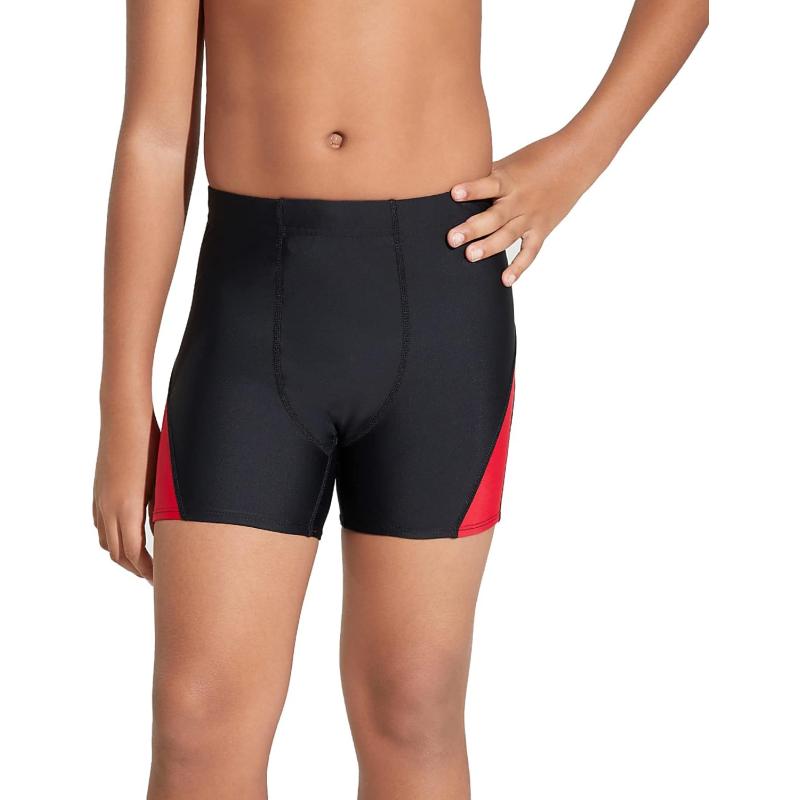 DEVOROPA Youth Boys Swim Shorts Square Leg Swimsuit Nylon Swimming Boxer Brief UPF 50BlackRed