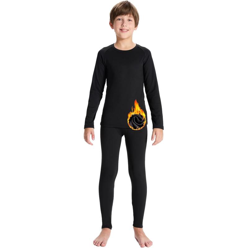 DEVOROPA Youth Boys Thermal Underwear set for Kids Fleece Lined Base Layer Stretch Long Johns for kids Winter Cold GearBlack