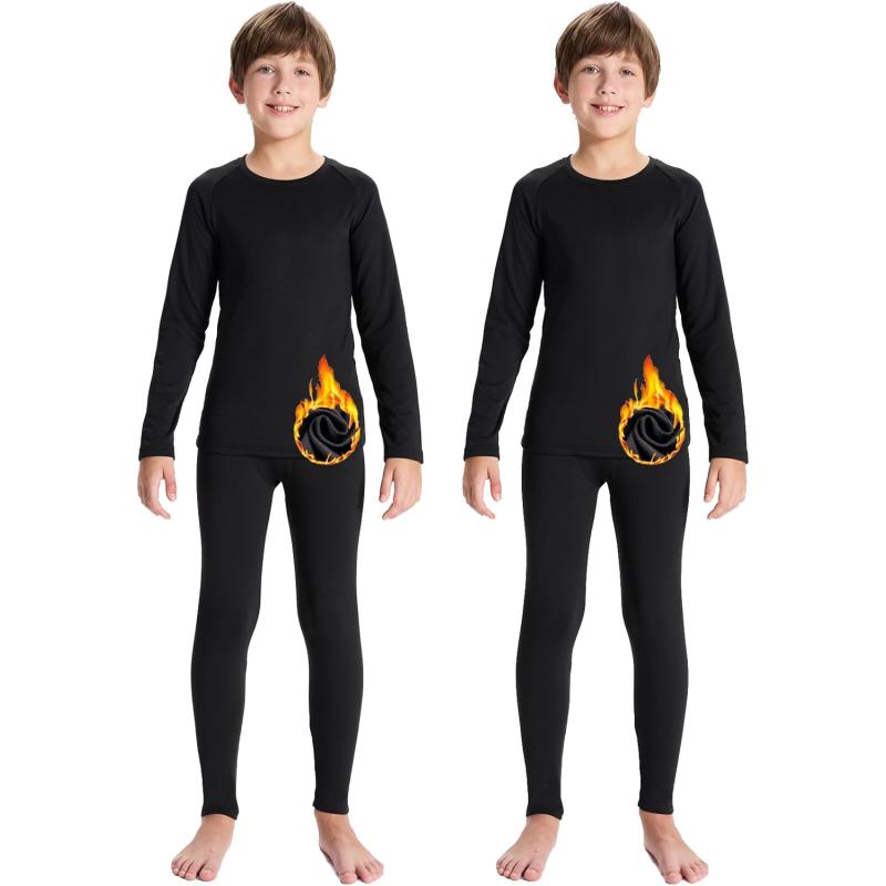 DEVOROPA Youth Boys Thermal Underwear set for Kids Fleece Lined Base Layer Stretch Long Johns for kids Winter Cold GearBlackBlack