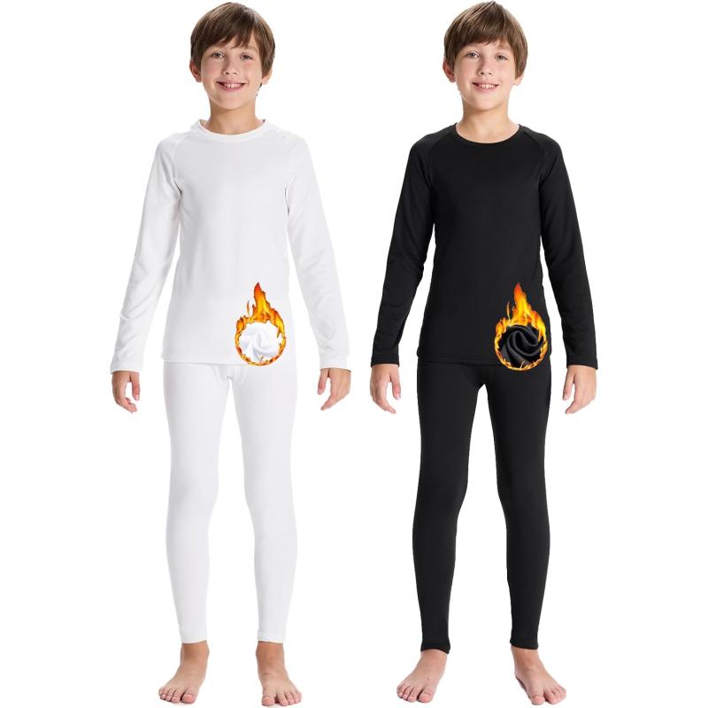 DEVOROPA Youth Boys Thermal Underwear set for Kids Fleece Lined Base Layer Stretch Long Johns for kids Winter Cold GearBlackWhite