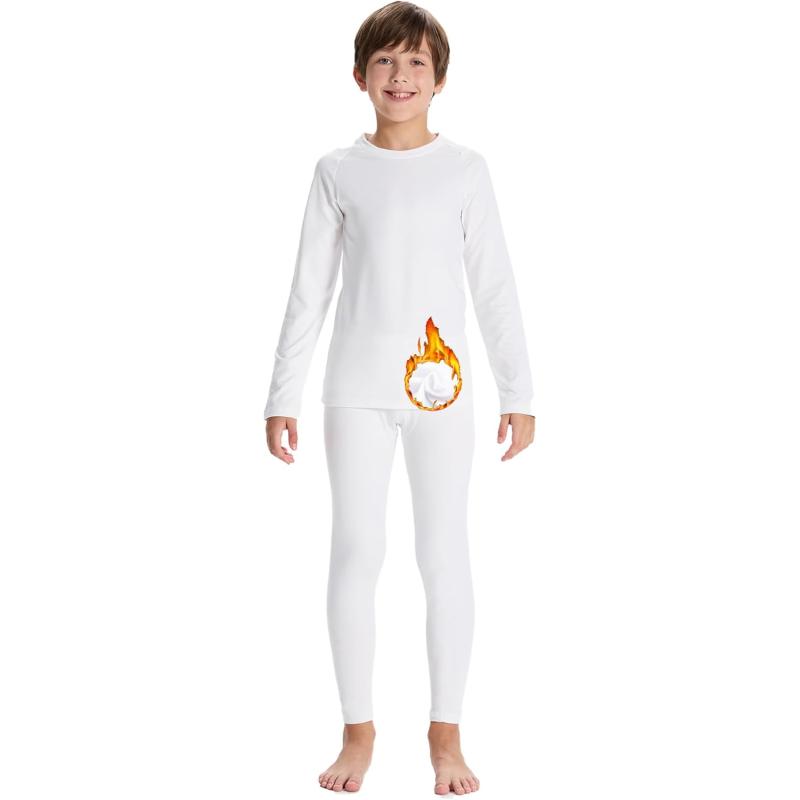 DEVOROPA Youth Boys Thermal Underwear set for Kids Fleece Lined Base Layer Stretch Long Johns for kids Winter Cold GearWhite