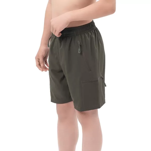 DEVOROPA Boys Athletic Shorts Lightweight Quick Dry Hiking Cargo Shorts with Zipper Pockets for Outdoor RunningArmy Green