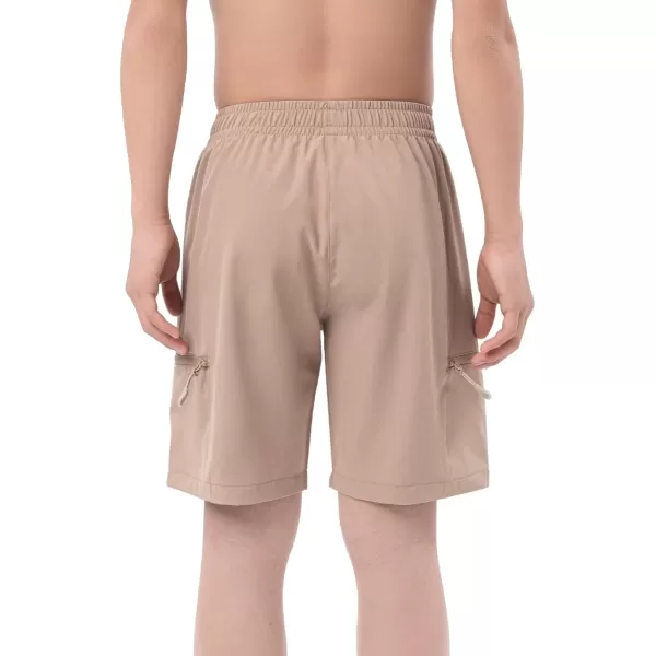 DEVOROPA Boys Athletic Shorts Lightweight Quick Dry Hiking Cargo Shorts with Zipper Pockets for Outdoor RunningKhaki