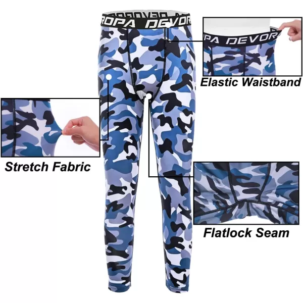 DEVOROPA Boys Leggings Quick Dry Youth Compression Pants Sports Tights Basketball Base Layer34 Camo Blue