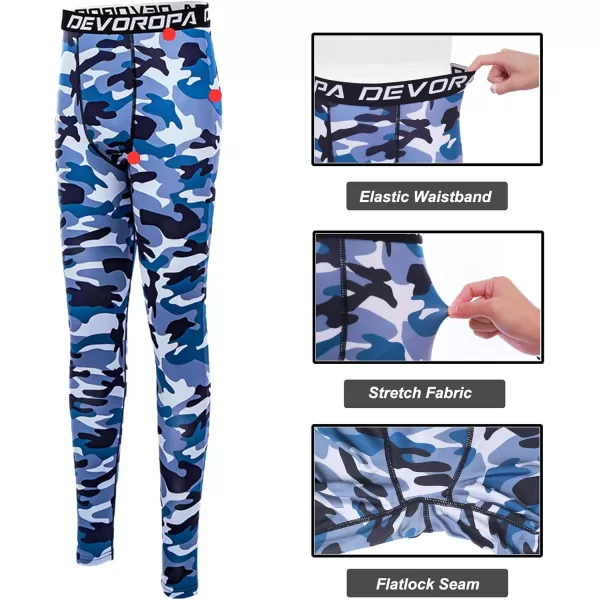 DEVOROPA Boys Leggings Quick Dry Youth Compression Pants Sports Tights Basketball Base LayerCamo Blue