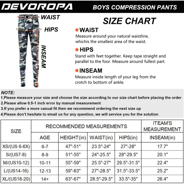 DEVOROPA Boys Leggings Quick Dry Youth Compression Pants Sports Tights Basketball Base LayerCamo Gray