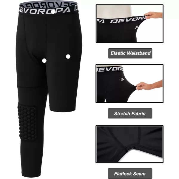 DEVOROPA Youth Boys Compression Pants with Knee Pads 34 Basketball Athletic Tights Quick Dry Sports Workout LeggingsBlackright Long