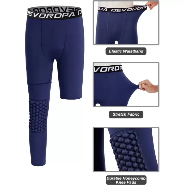 DEVOROPA Youth Boys Compression Pants with Knee Pads 34 Basketball Athletic Tights Quick Dry Sports Workout LeggingsNavyright Long
