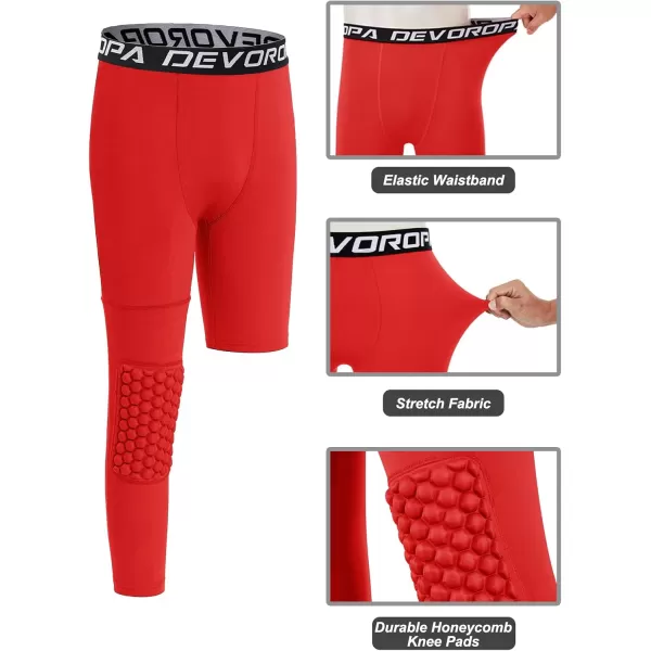 DEVOROPA Youth Boys Compression Pants with Knee Pads 34 Basketball Athletic Tights Quick Dry Sports Workout LeggingsRedright Long