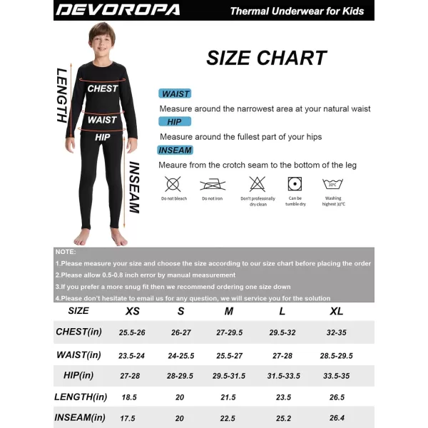 DEVOROPA Youth Boys Thermal Underwear set for Kids Fleece Lined Base Layer Stretch Long Johns for kids Winter Cold GearBlack