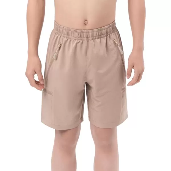 DEVOROPA Boys Athletic Shorts Lightweight Quick Dry Hiking Cargo Shorts with Zipper Pockets for Outdoor RunningKhaki