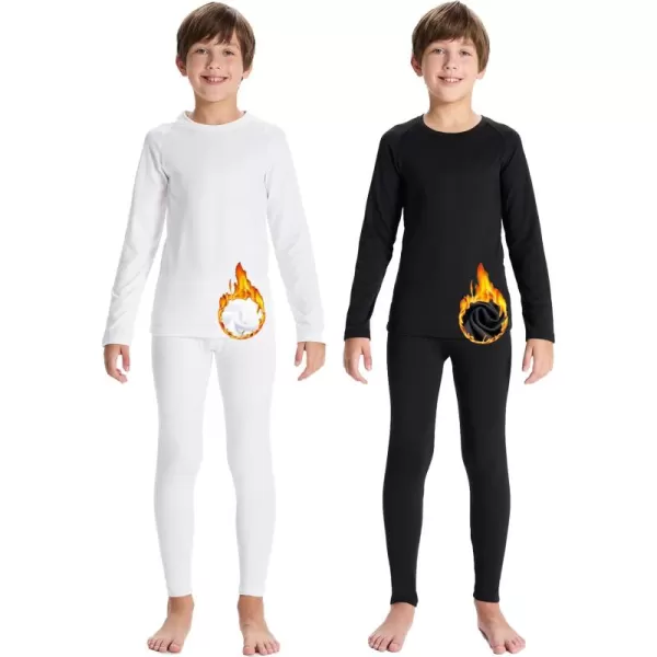 DEVOROPA Youth Boys Thermal Underwear set for Kids Fleece Lined Base Layer Stretch Long Johns for kids Winter Cold GearBlackWhite