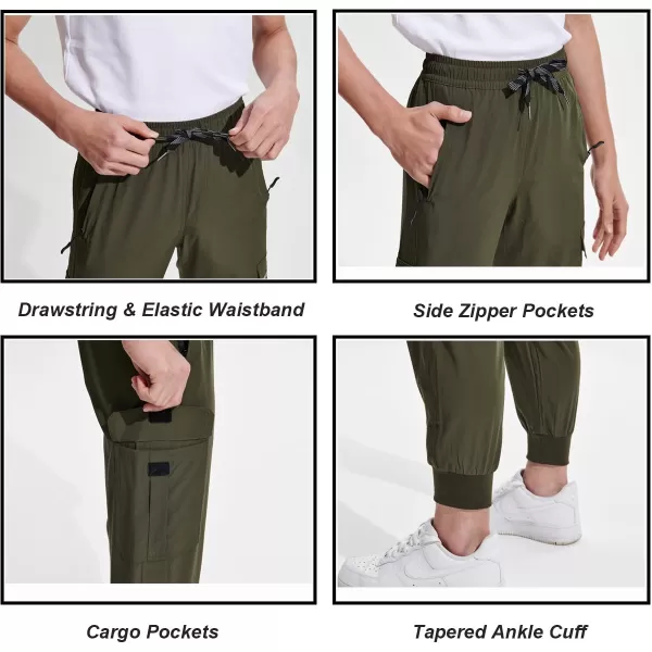 DEVOROPA Boys Joggers Lightweight Hiking Cargo Pants Water Resistant UPF 50 Quick Dry Youth Kids Athletic Running PantsGreen