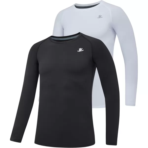 DEVOROPA Youth Boys 2Pack Compression Shirt Long Sleeve Football Baseball Undershirt Quick Dry Sports BaselayerBlackWhite