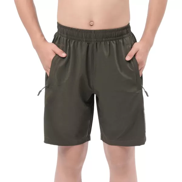 DEVOROPA Youth Boys Athletic Running Shorts Lightweight Quick Dry Sports Workout Gym Hiking Shorts Zip Pockets UPF 50Army Green