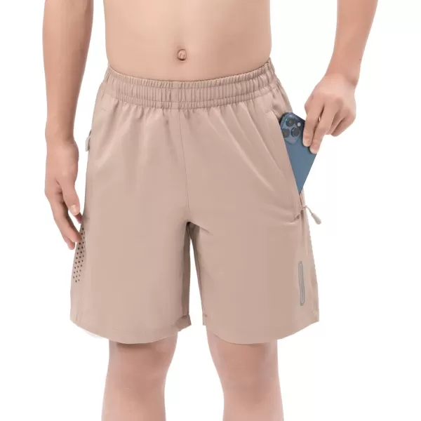 DEVOROPA Youth Boys Athletic Running Shorts Lightweight Quick Dry Sports Workout Gym Hiking Shorts Zip Pockets UPF 50Khaki