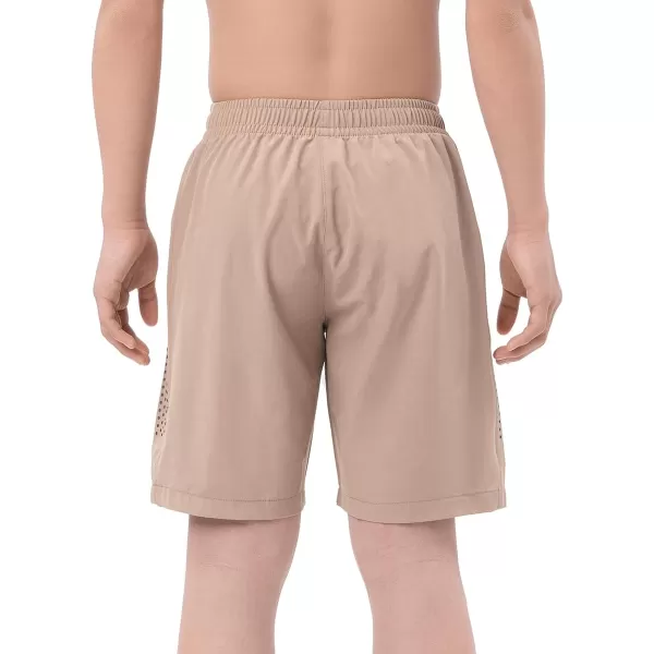 DEVOROPA Youth Boys Athletic Running Shorts Lightweight Quick Dry Sports Workout Gym Hiking Shorts Zip Pockets UPF 50Khaki
