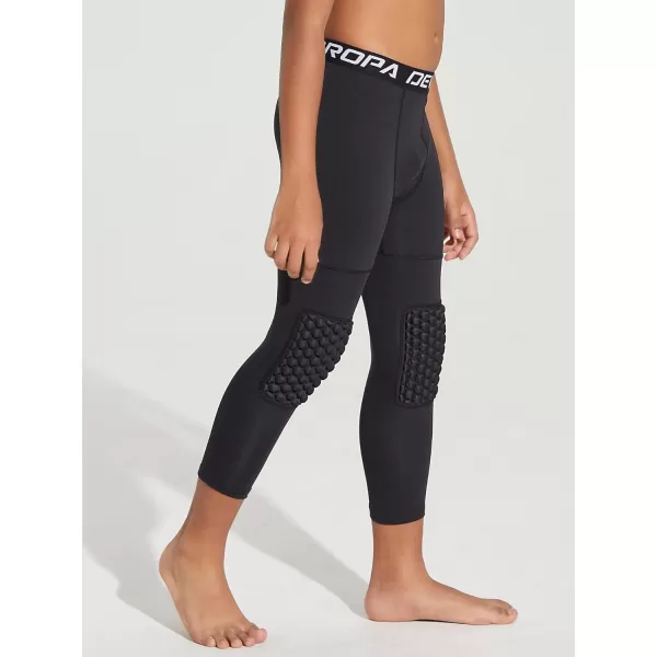 DEVOROPA Youth Boys Compression Pants with Knee Pads 34 Basketball Athletic Tights Quick Dry Sports Workout LeggingsBlack
